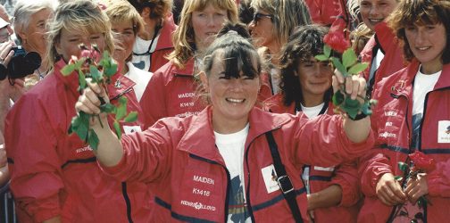 Tracey Edwards celebrates with her fellow crew-mates after completing the 1989/90 Whitebread around the world race on Maiden
