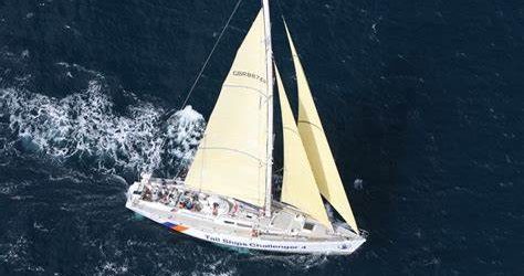 Challenge 72 racing yacht viewed from above against a dark sea with a wake of white surf