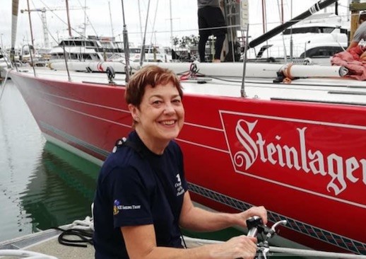 Ingrid pictured in front of Steinlager 2 boat in the dock